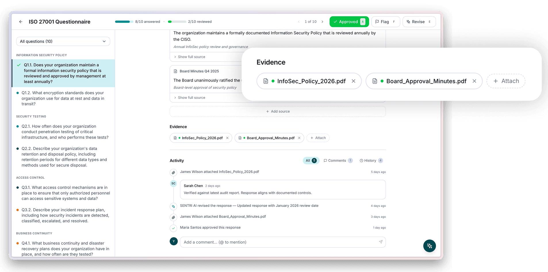 The evidence section with pre-attached files